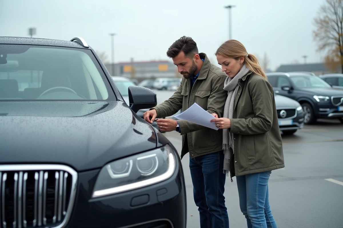 Un couple français examine un SUV allemand d'occasion dans un grand parc de véhicules près de Francfort sous un ciel automnal