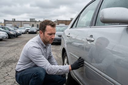 Homme inspectant la carrosserie d'une voiture d'occasion dans un lot de véhicules d'occasion