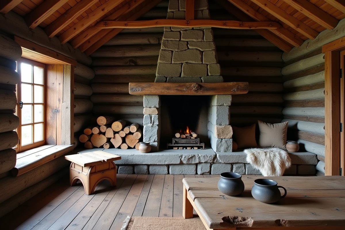 Intérieur rustique d'un hytte norvégien traditionnel avec murs en bois, cheminée en pierre et peaux de renne