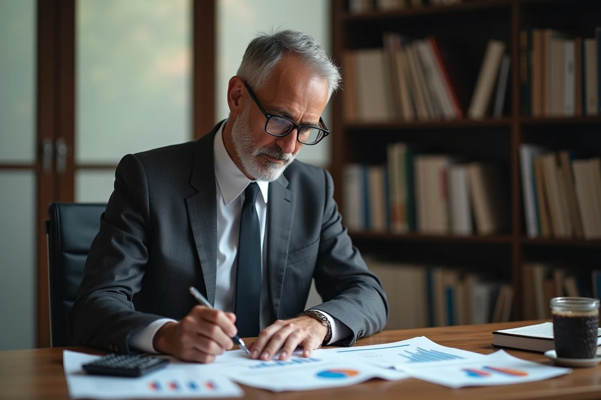 Investisseur analysant un plan d'affaires et des rapports financiers seul dans un bureau privé