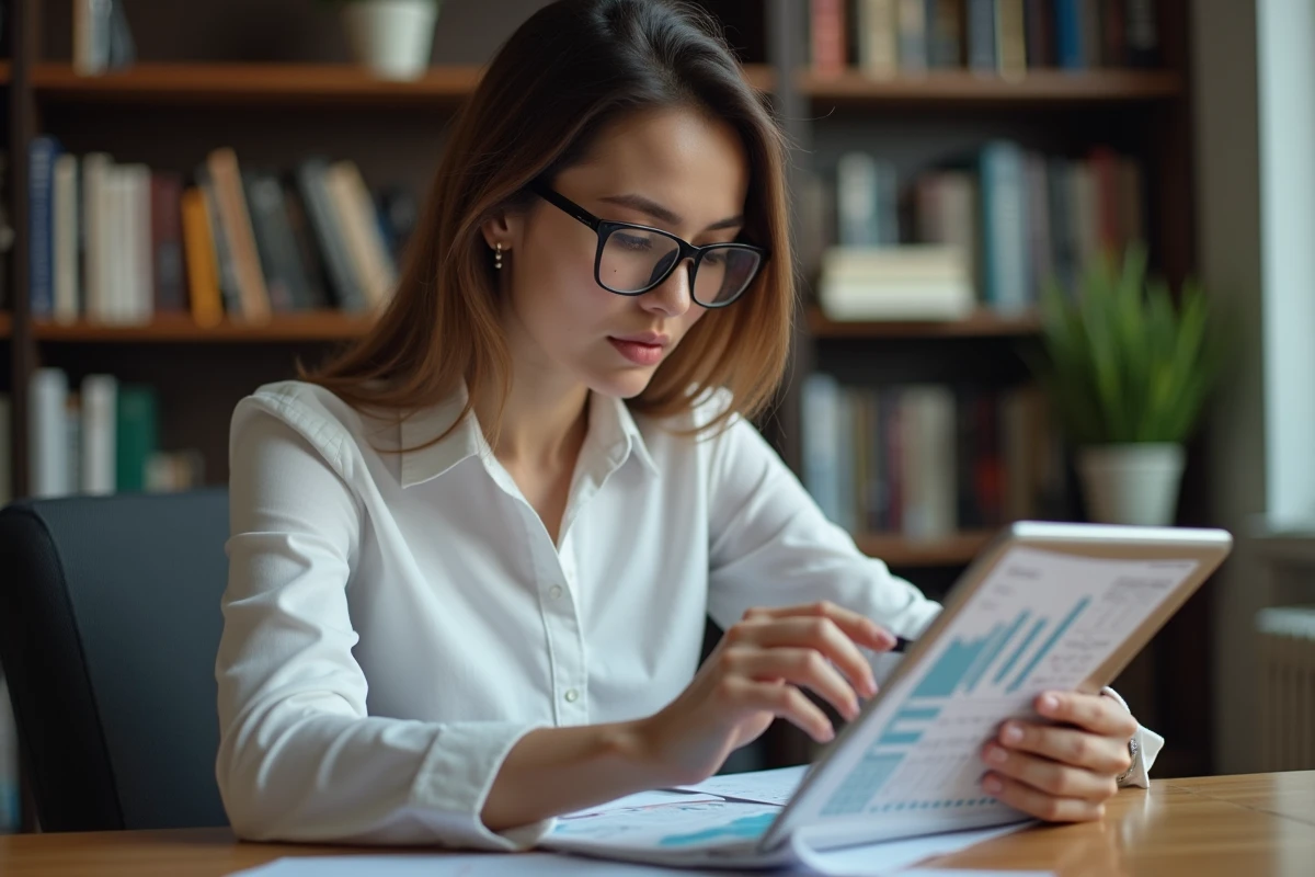Investisseuse étudiant les graphiques de participation au capital d'OpenAI et ChatGPT dans un bureau épuré