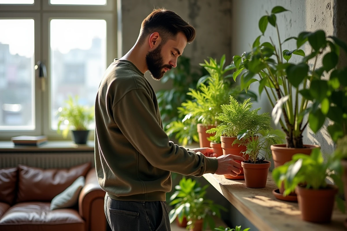 Homme entretenant ses plantes d'intérieur dans son appartement moderne, atmosphère zen et verdoyante propice aux activités à domicile