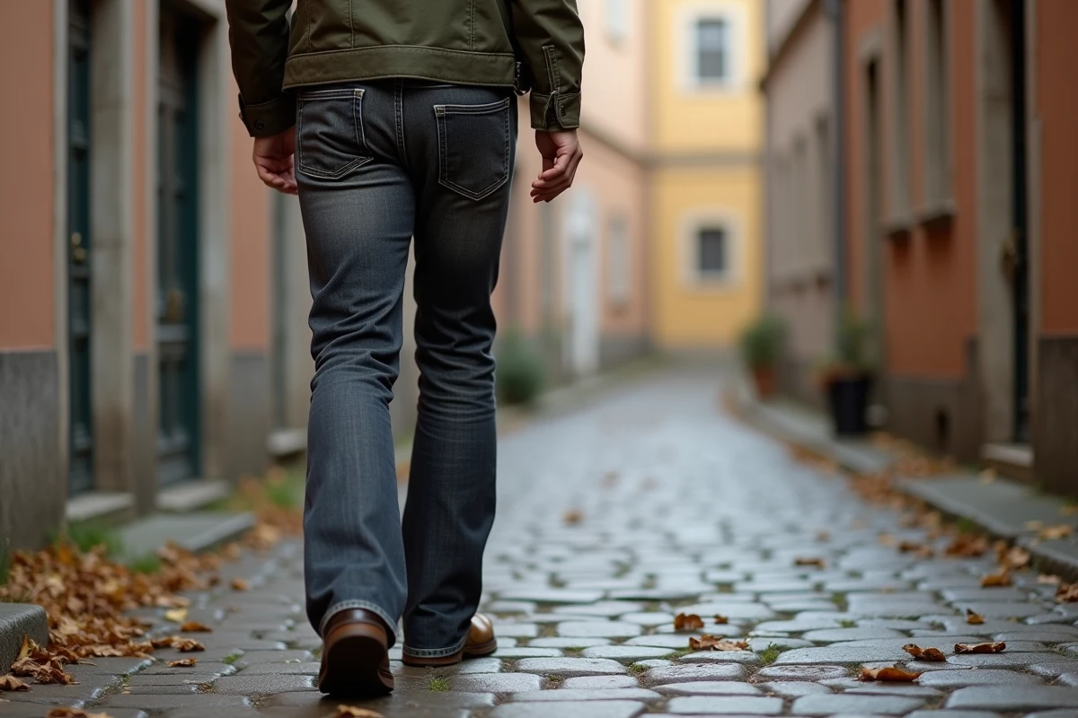 Homme en jean bootcut gris foncé marchant sur des pavés en automne
