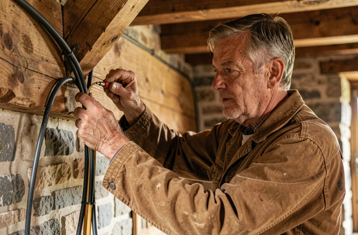 Artisan électricien indépendant Jean Claude Leliard installant des câbles dans une ferme bretonne traditionnelle