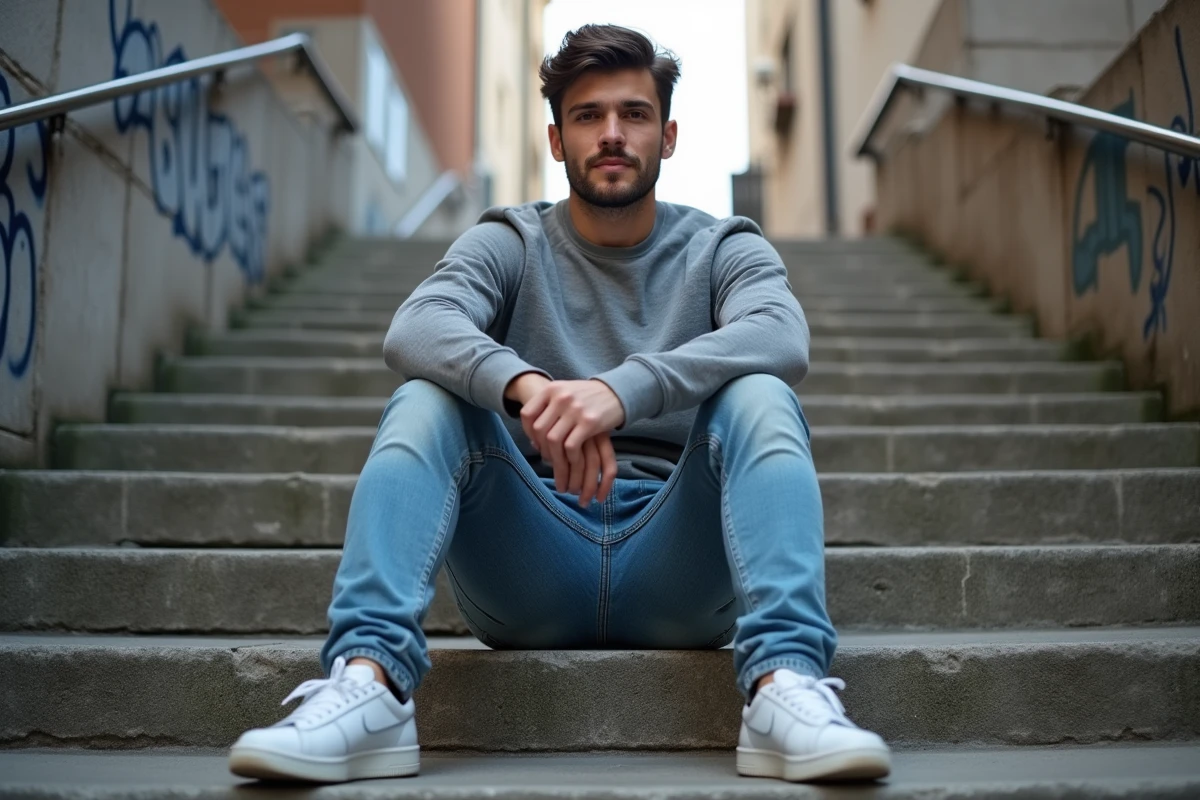Homme en jean slim fit délavé assis sur des marches urbaines en béton