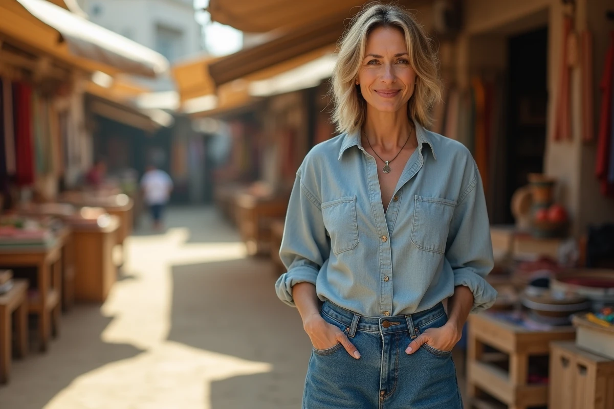 Femme portant un jean wide leg bleu au marché en plein air