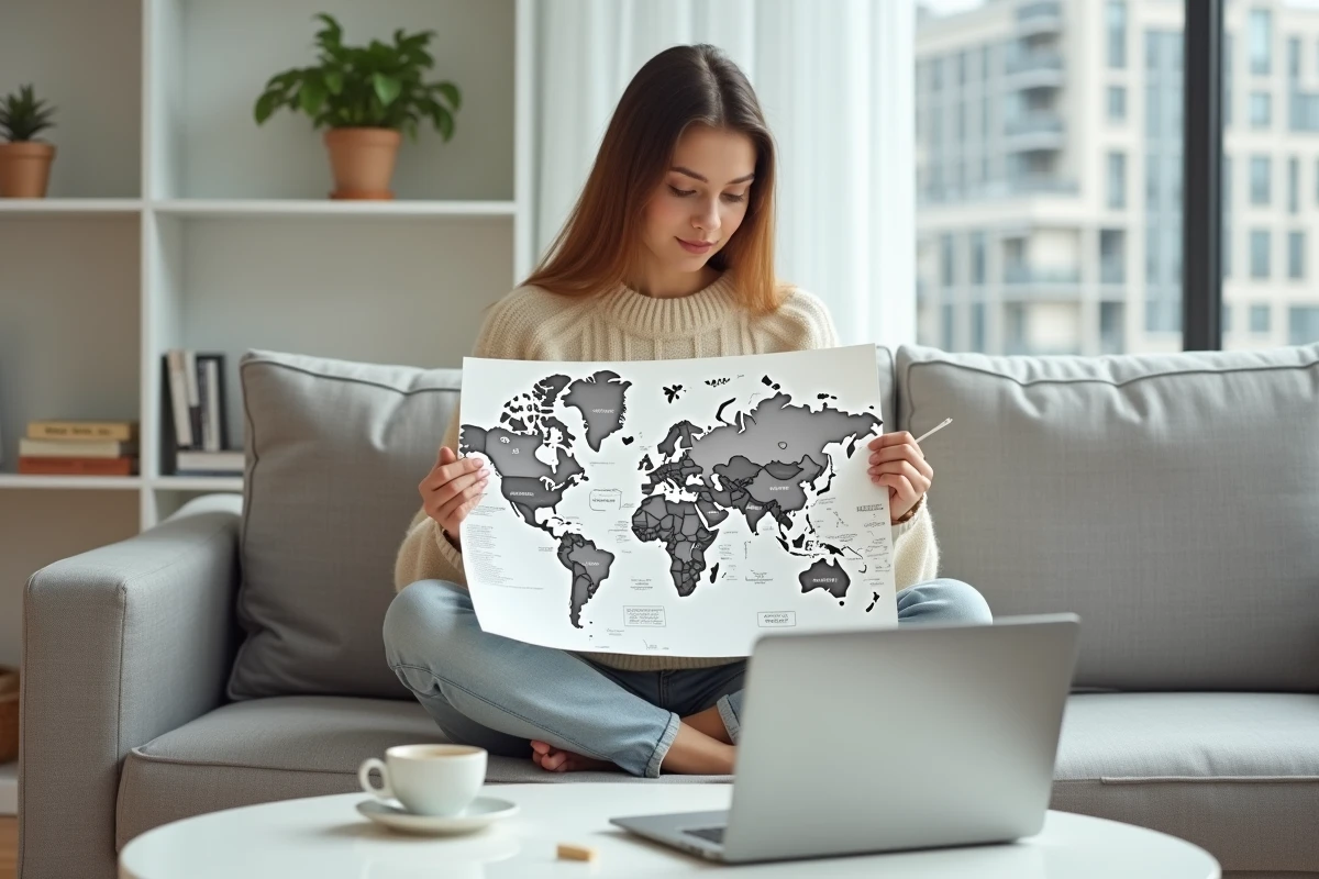 Jeune femme assise sur un canapé complétant une carte du monde vierge avec un marqueur dans un salon moderne et minimaliste
