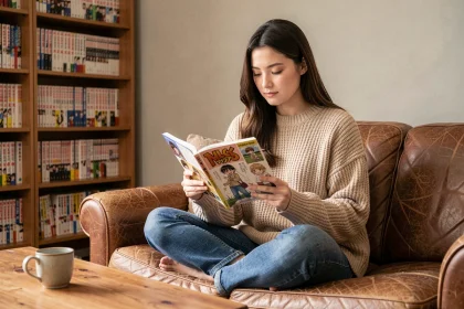 Jeune femme lisant un manga confortablement installée dans son salon avec une collection de mangas en arrière-plan