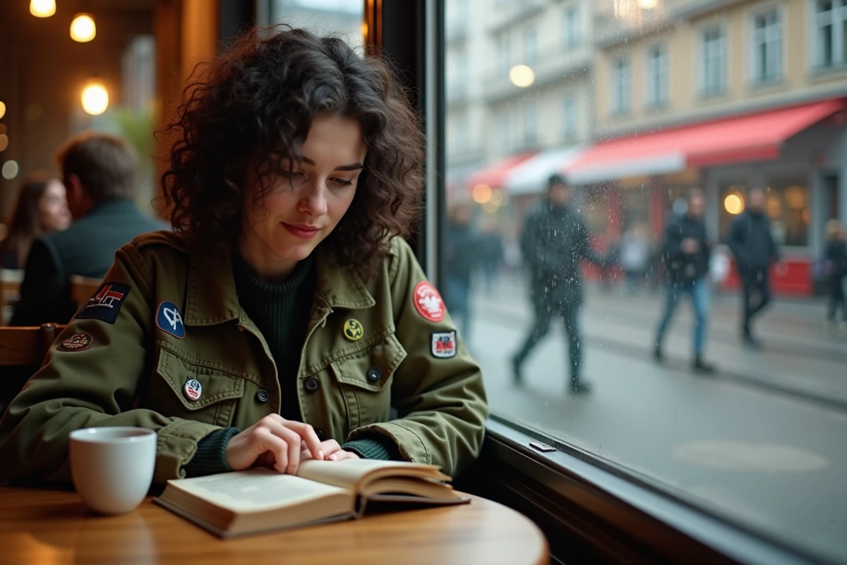 Jeune femme lisant un livre sur la résistance antifasciste italienne dans un café européen animé