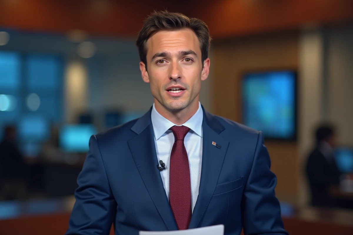 Jeune présentateur CNews en costume bleu parlant face caméra dans la salle de rédaction