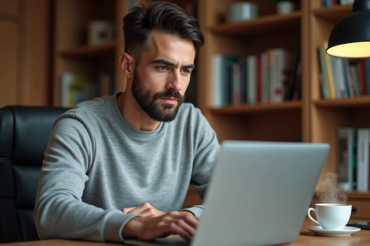 Jeune professionnel en pull gris comparant des salaires sur son ordinateur portable dans un bureau à domicile élégant avec bibliothèque