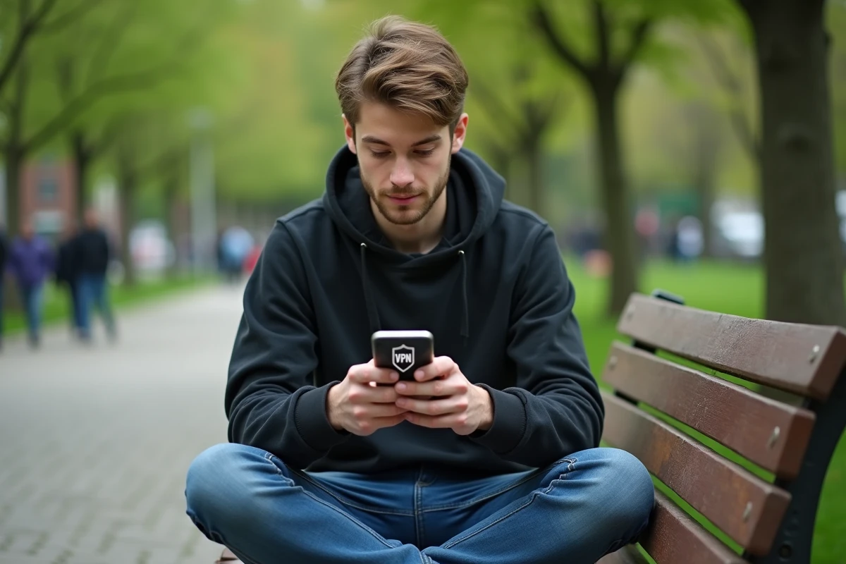 Jeune personne utilisant un VPN sur son téléphone portable dans un parc public pour protéger ses données