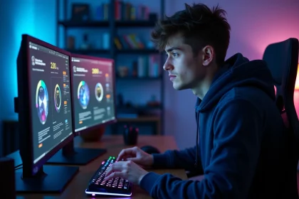 Joueur de League of Legends consultant ses statistiques de temps de jeu sur un double écran à son bureau gaming