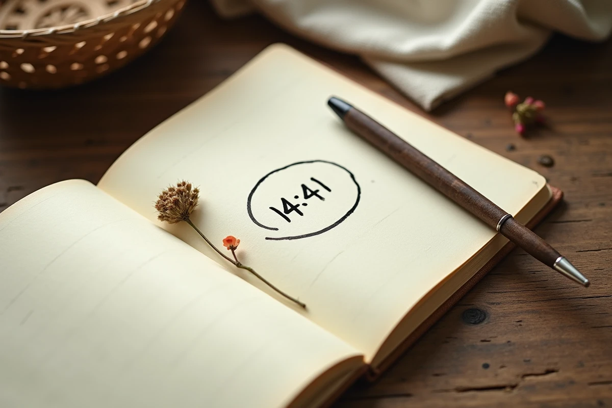 Journal ouvert avec la séquence 14h41 encerclée à l'encre et une fleur séchée pressée entre les pages, sur une table en bois rustique, évoquant la quête de signification des nombres répétés