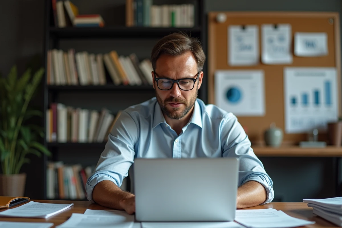 Journaliste analysant l'influence des célébrités sur la société à travers des études et articles dans un bureau encombré, représentant une approche critique et approfondie du phénomène