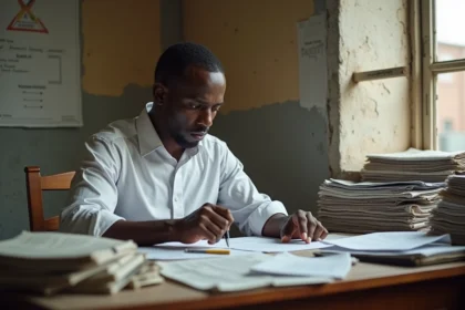 Journaliste congolais relisant des épreuves de presse dans une salle de rédaction à Kinshasa, entouré de journaux et de notes manuscrites