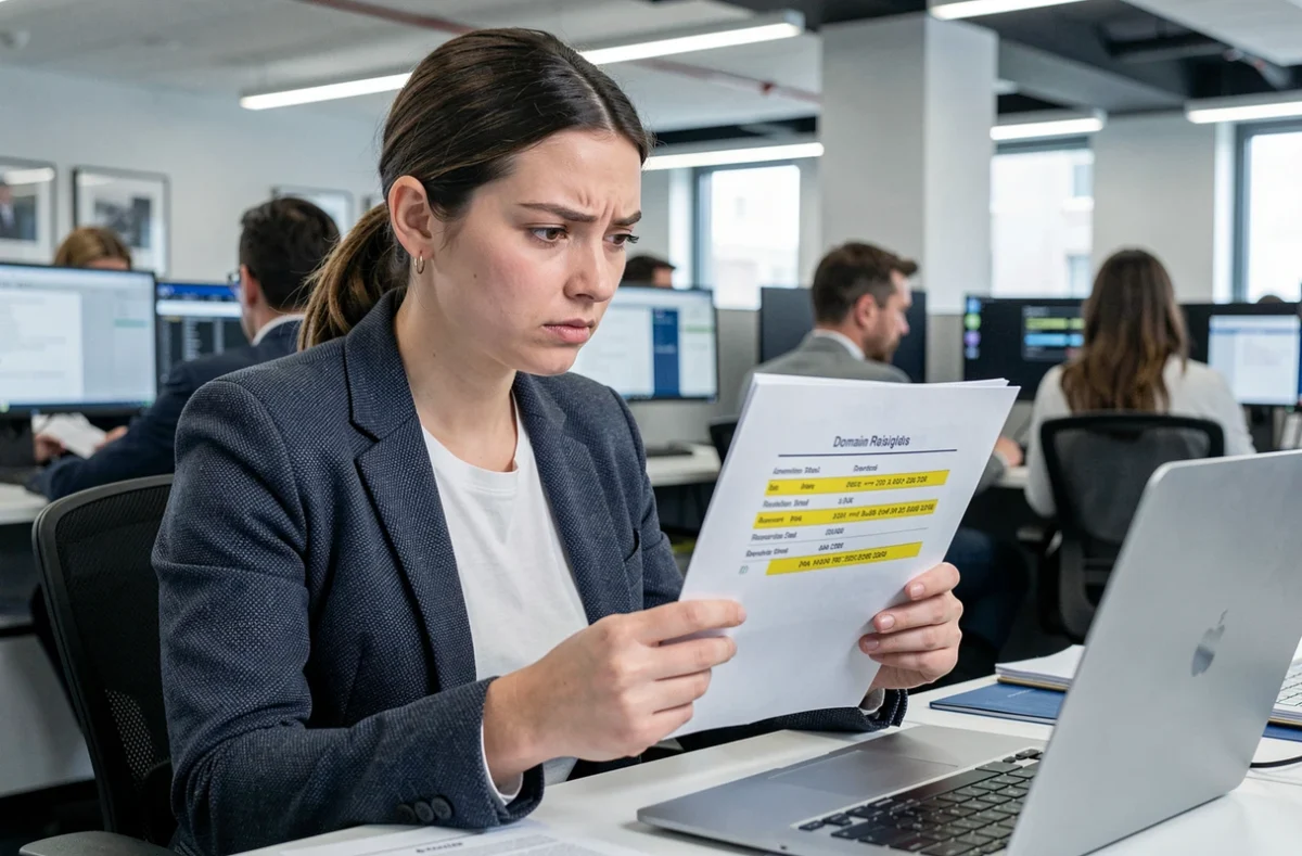 Journaliste analysant des documents d'enquête sur l'identité d'un propriétaire de nom de domaine dans une salle de rédaction moderne