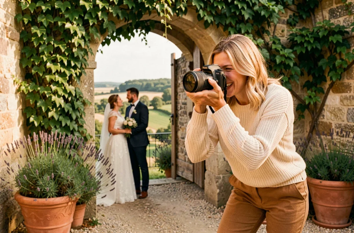 Photographe Julie Dan en action lors d'un mariage dans une demeure historique angevine, capturant un couple de mariés dans une cour en pierre couverte de lierre