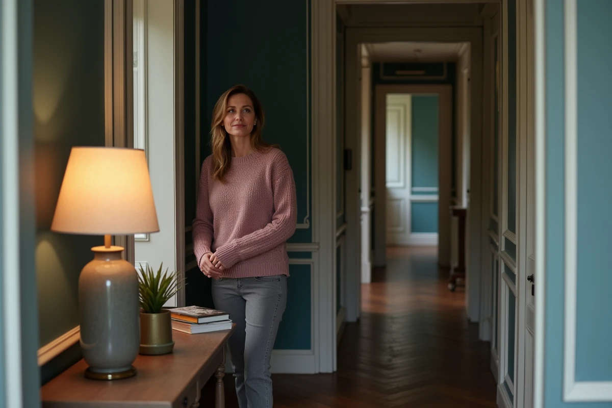 Femme plaçant un lampadaire en céramique dans un couloir sombre de style haussmannien