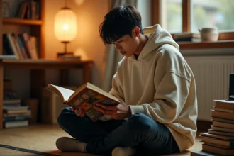 Jeune homme lisant un manga One Piece dans une chambre japonaise cosy entourée de volumes empilés