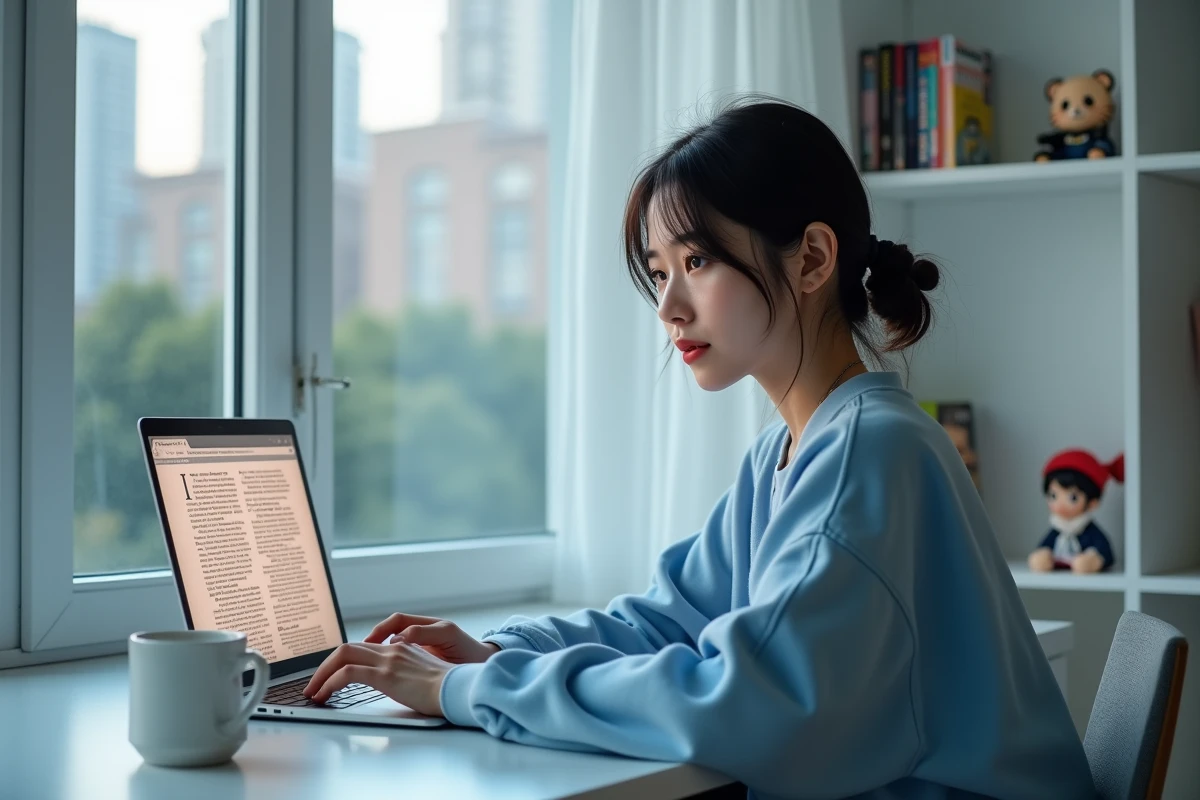 Jeune femme lisant un scan de manga One Piece sur son ordinateur portable dans un appartement moderne