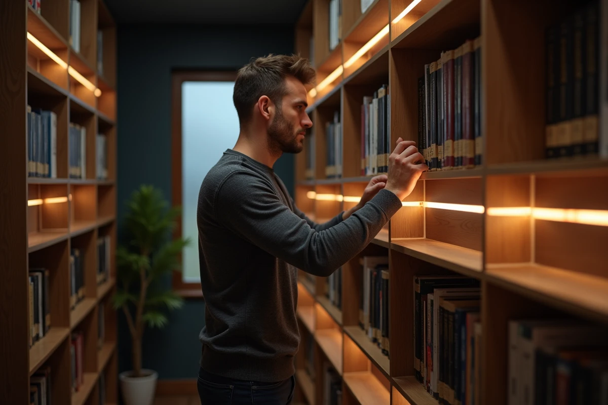 Homme installant des rubans LED sous des étagères en bois dans un bureau sombre