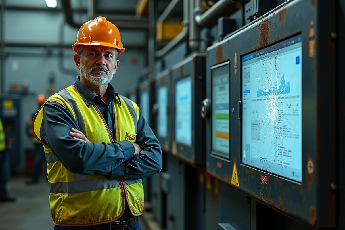 Ouvrier industriel sceptique face à un écran tactile défaillant illustrant les limites de la transformation numérique en usine