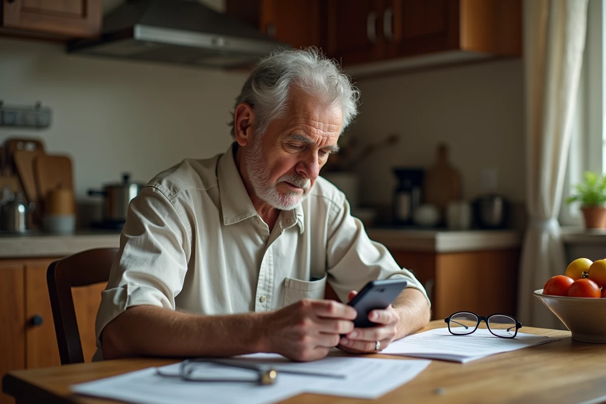 Senior perplexe devant une application administrative complexe sur smartphone, symbolisant l'exclusion numérique des personnes âgées