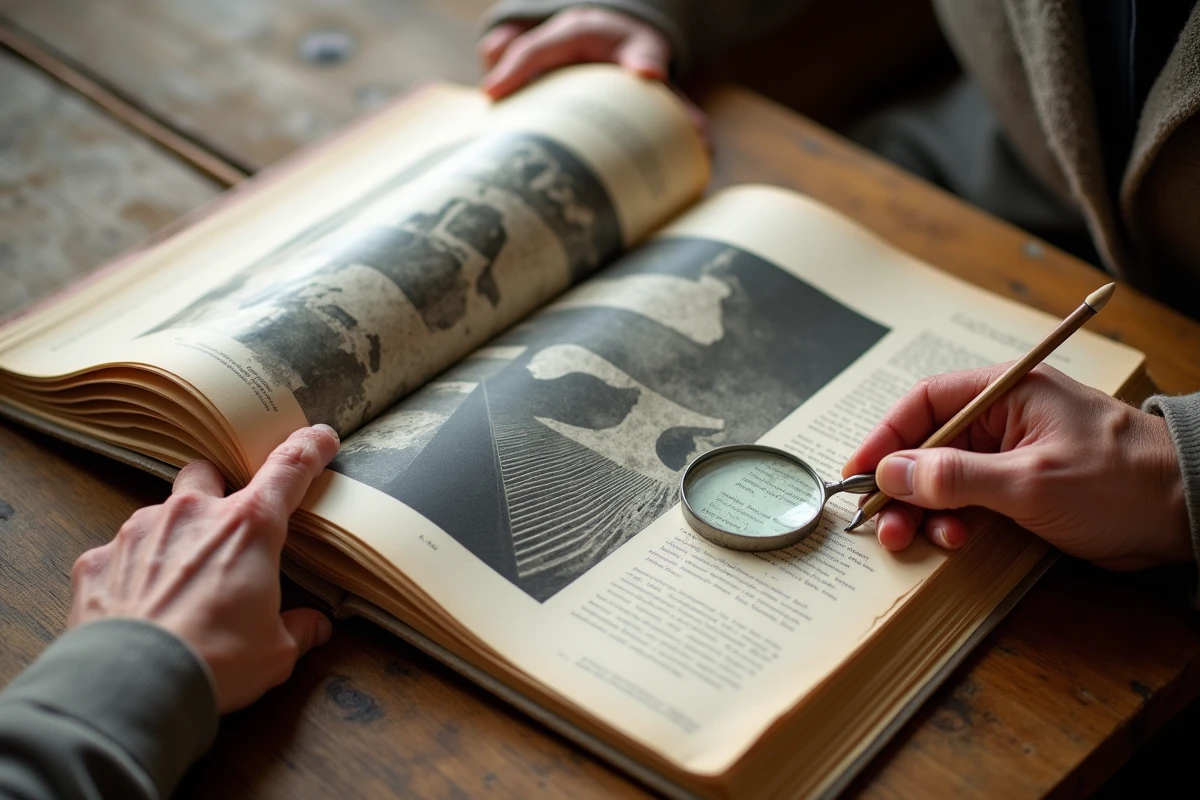 Mains tenant un livre d'art ouvert sur une lithographie d'Escher avec annotations manuscrites et loupe