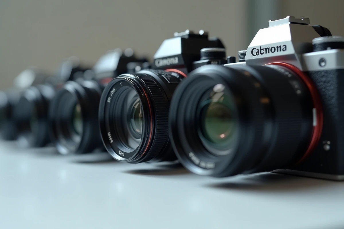 Gros plan sur les logos et modèles de différentes marques d'appareils photo professionnels alignés