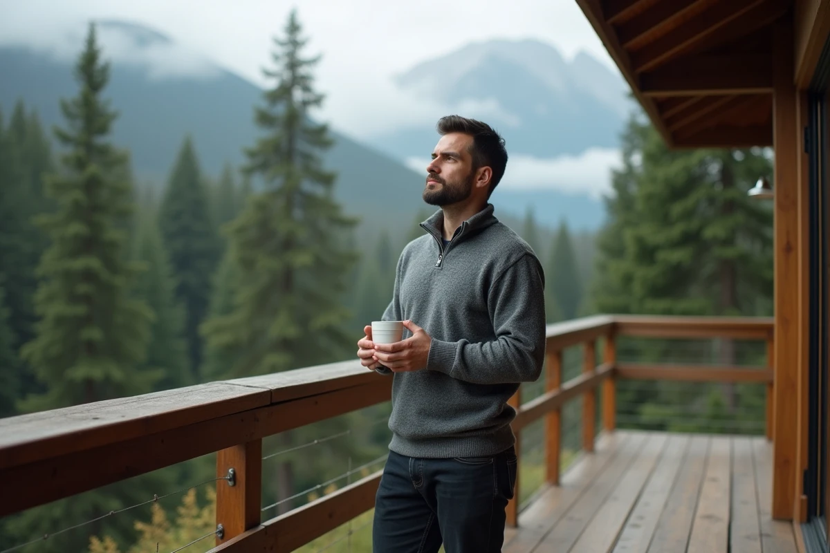 Homme contemplant une forêt de conifères depuis la terrasse d'une maison durable en Colombie-Britannique, région prisée pour sa résilience climatique