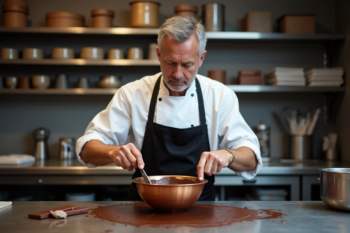 Maître chocolatier travaillant le chocolat noir dans un atelier de fabrication parisien avec moules et outils professionnels en arrière-plan