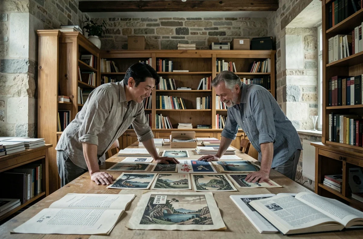 Deux hommes étudiant des cels d'animation japonaise et des estampes dans une archive culturelle parisienne, symbolisant le dialogue entre manga et influences occidentales