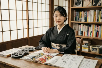 Femme japonaise en kimono entourée de mangas, bobines de film et planches dessinées, illustrant les influences cinématographiques et théâtrales du manga