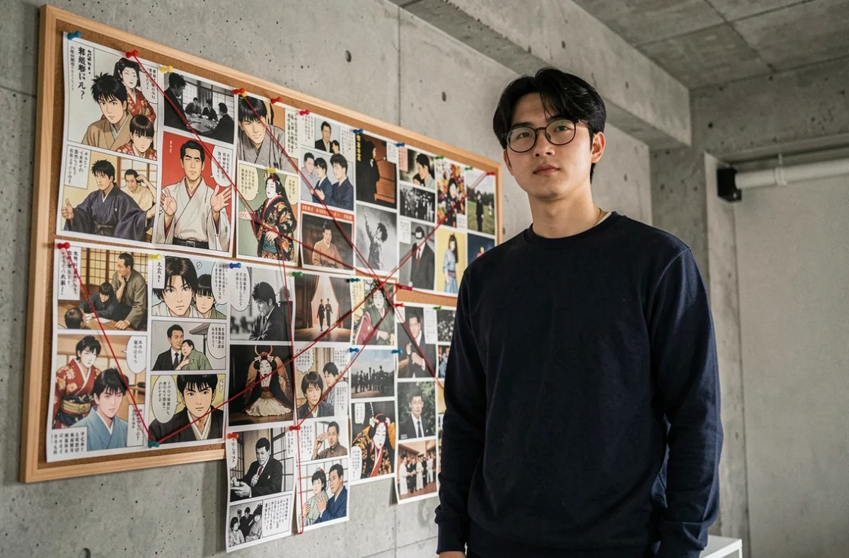 Jeune créateur japonais devant un tableau de références mêlant planches de manga, photogrammes de Kurosawa et photographies de théâtre Kabuki, évoquant les racines culturelles du manga