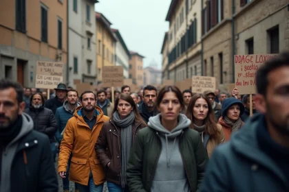 Manifestants antifascistes défilant dans une rue pavée européenne, tenant des pancartes avec des slogans politiques italiens
