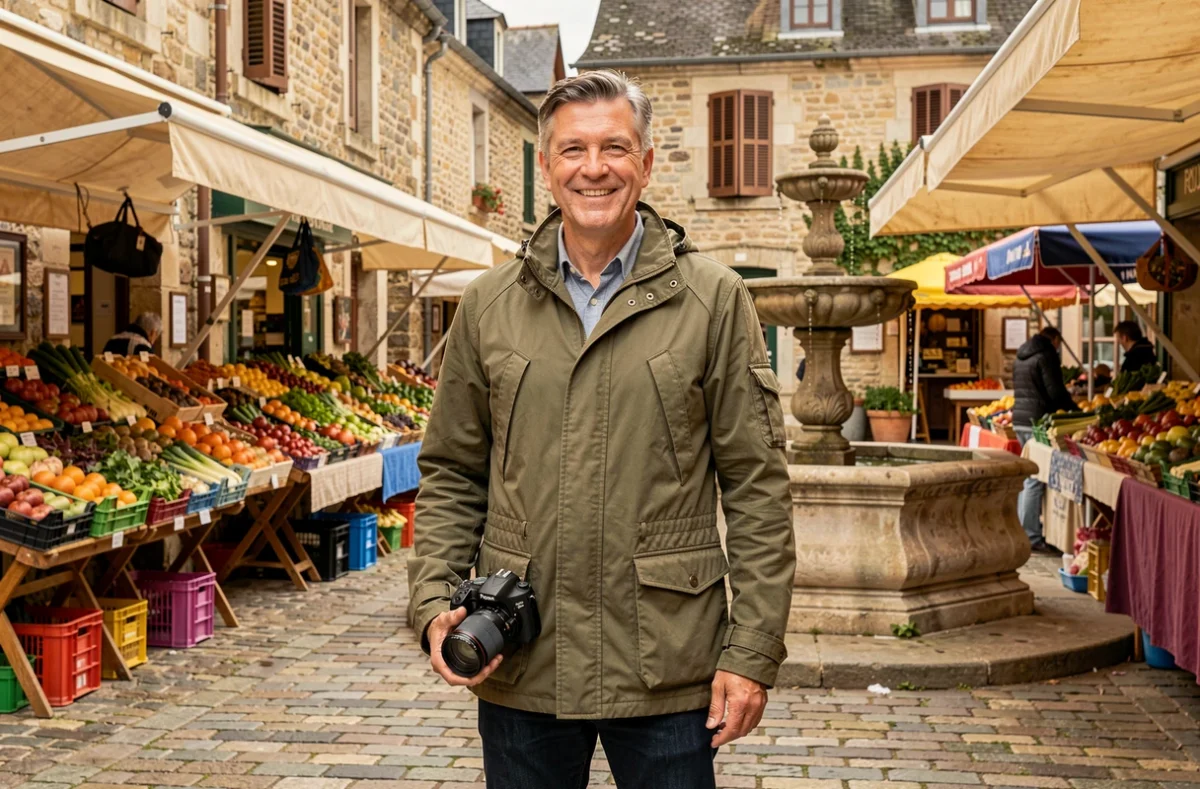 Photographe Marc Legros dans un marché provençal en Maine-et-Loire, tenant son appareil photo avec un sourire chaleureux devant les étals colorés