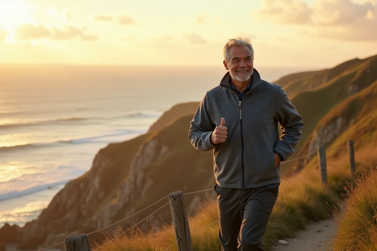 Homme marchant sur un sentier côtier en fin d'après-midi, vue panoramique sur la mer, conseils sur le meilleur moment pour marcher