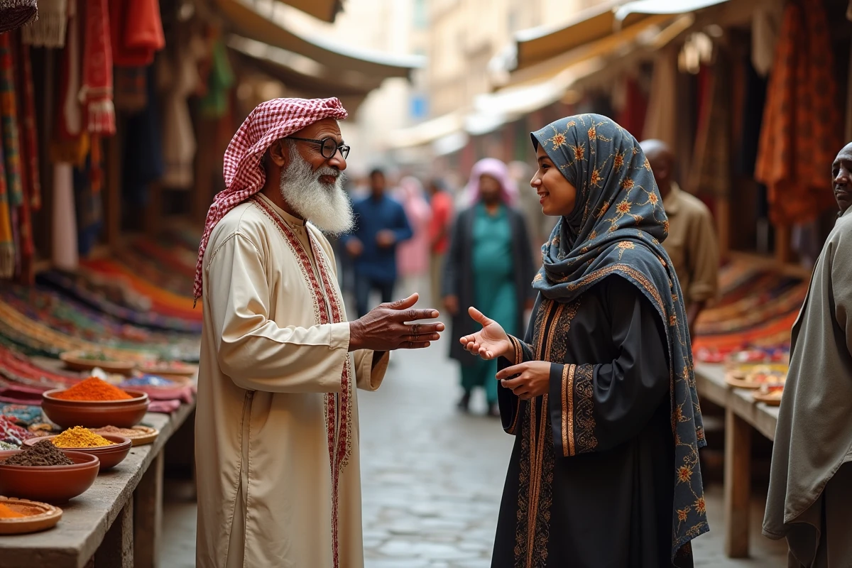 Marché multiculturel animé avec des vendeurs et artisans de diverses origines présentant textiles et épices traditionnels