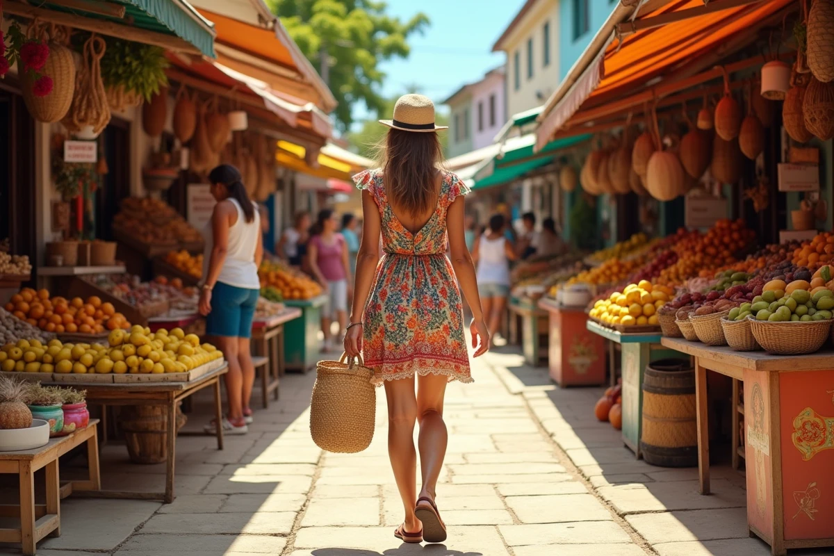 Voyageuse explorant le marché coloré de Pointe-à-Pitre en Guadeloupe en novembre, entre fruits tropicaux et étals d'épices
