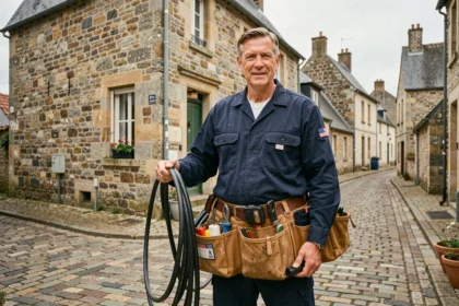 Électricien professionnel en uniforme bleu devant un bâtiment en pierre bretonne dans les Côtes-d'Armor