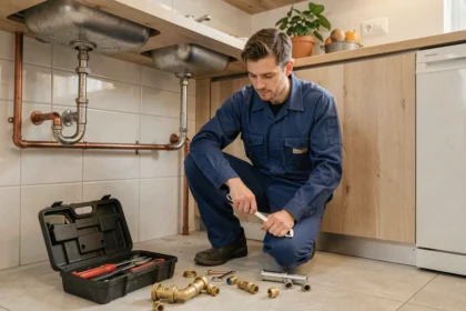 Un plombier professionnel en combinaison bleue travaillant sous un évier dans une cuisine moderne dans le Vaucluse