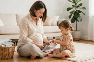 Mère enceinte assise avec sa petite fille regardant des chaussures de nouveau-né sur un sol en bois dans un salon scandinave