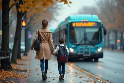 Mère pressée tenant la main de son enfant en uniforme scolaire courant vers un arrêt de bus urbain par temps nuageux