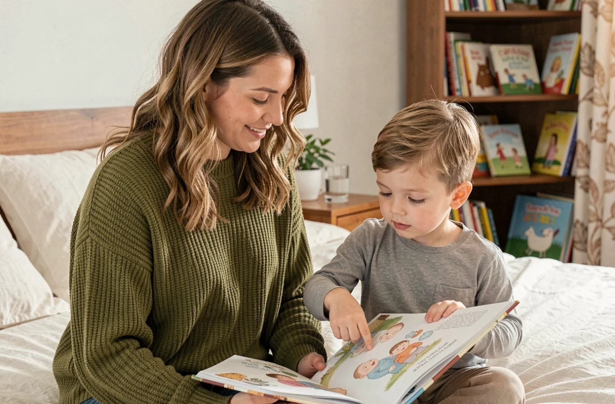 Mère et jeune enfant lisant ensemble un livre illustré sur l'arrivée d'un bébé dans la fratrie