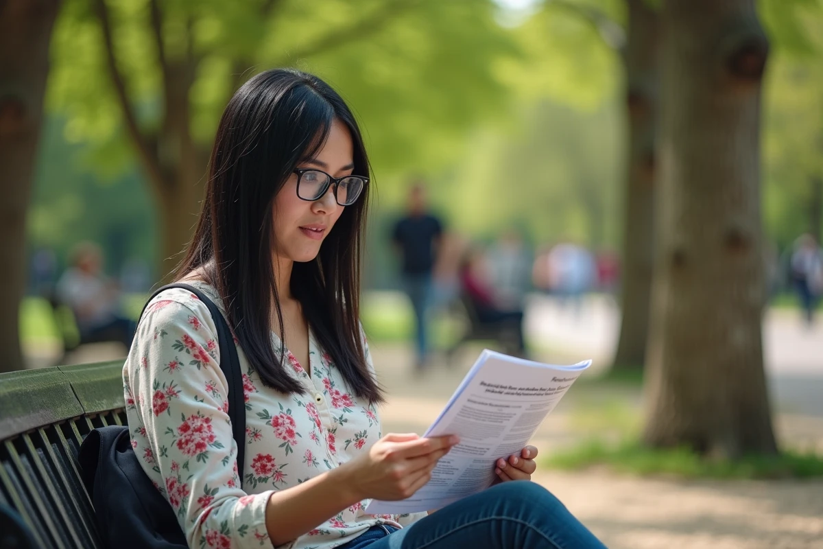 Mère isolée lisant une brochure sur les aides familiales assise sur un banc dans un parc urbain