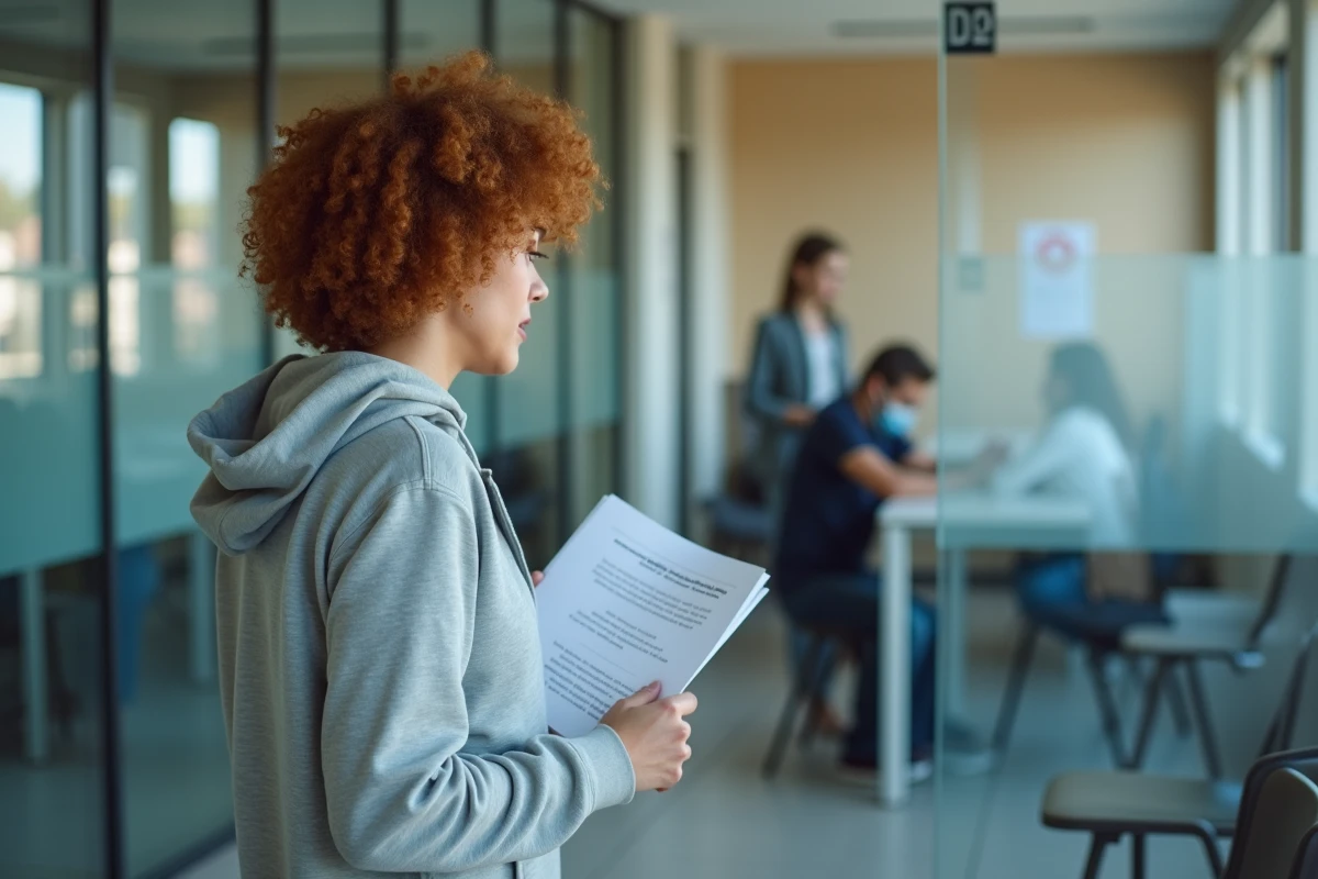 Mère seule au guichet d'un service social présentant ses documents pour une demande d'aide
