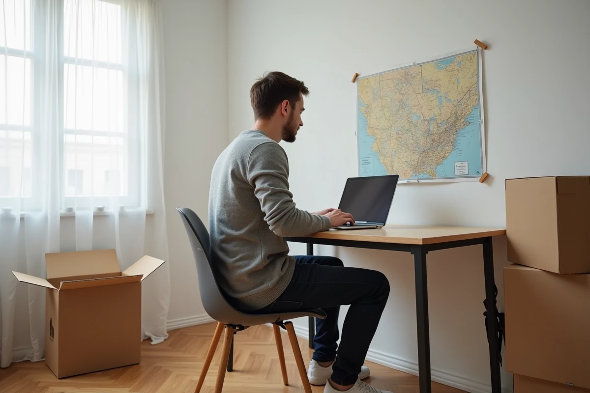 Jeune professionnel travaillant sur son ordinateur portable entouré de cartons de déménagement, évoquant la mobilité géographique professionnelle