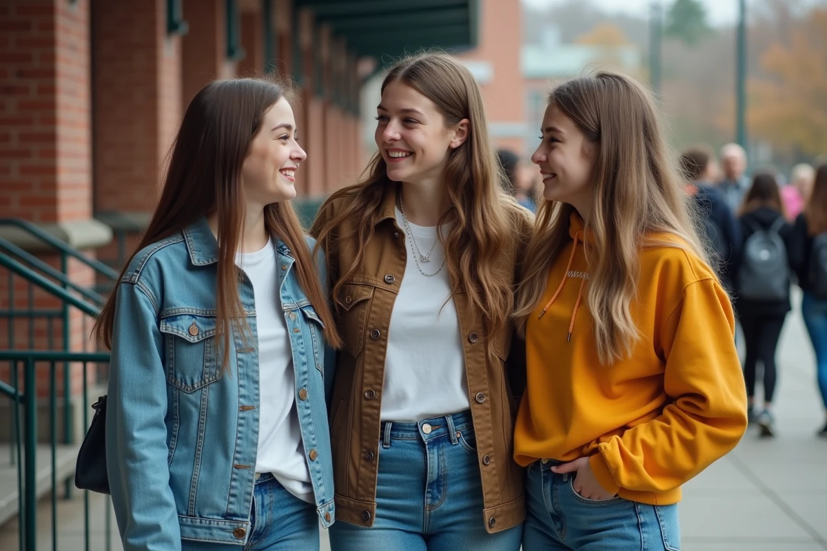 Groupe d'adolescentes aux styles vestimentaires variés devant un lycée, illustrant l'influence de la mode sur l'identité sociale et les dynamiques de groupe