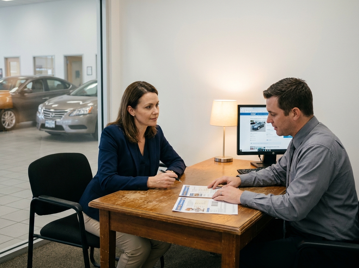 Femme examinant les documents d'une voiture d'occasion avec un vendeur dans un bureau de concession
